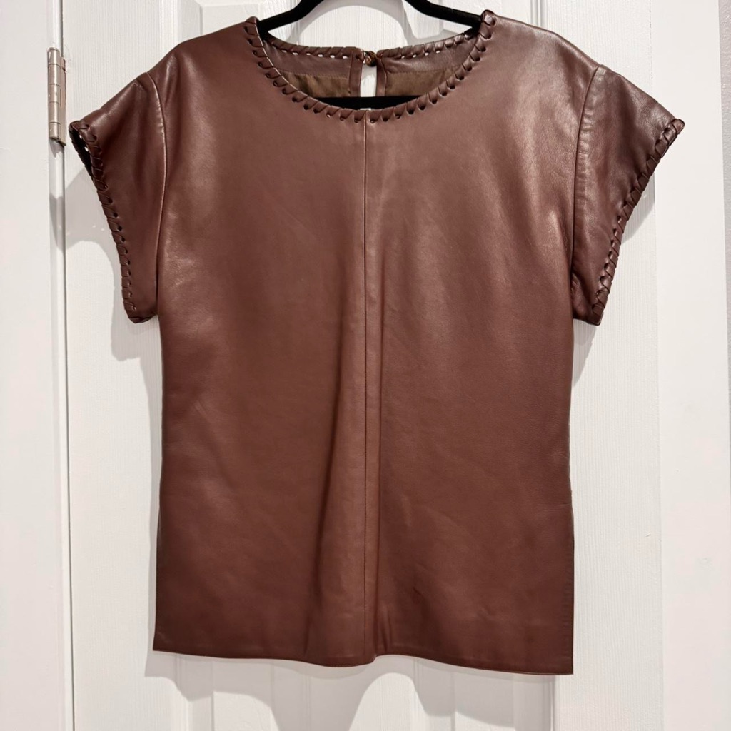 Chloe Brown 100% Lambskin Short-Sleeve Tee With Braided Trim